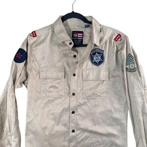 VTG Y2K Phat Farm Mens Tan Military Patch Button Up Shirt Airborne Long Sleeve M